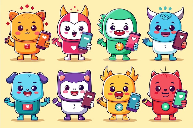 Vector eight cute cartoon characters holding smartphones