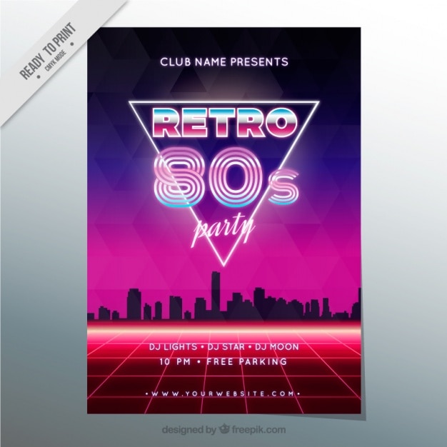 Vector eighties brochure in modern style with city silhouette