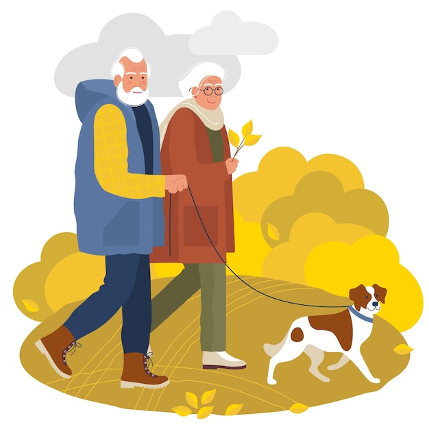 Elderly couple walks with a dog in the park