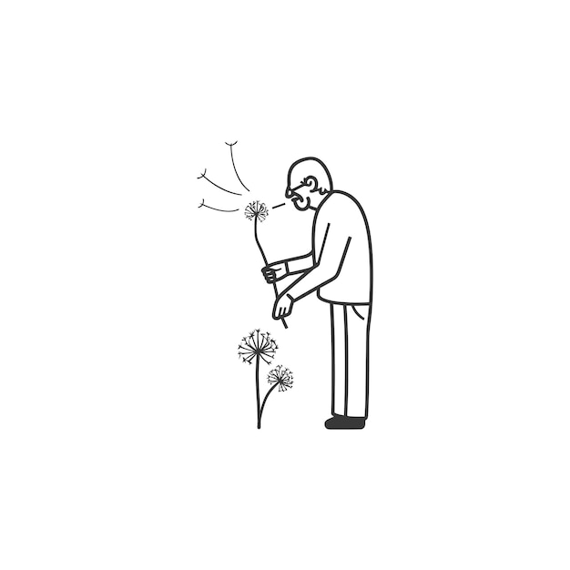 Vector an elderly man blows on a dandelion while standing next to a plant with three dandelions