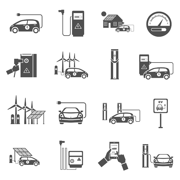 Electric Car Charging Black Icons Set