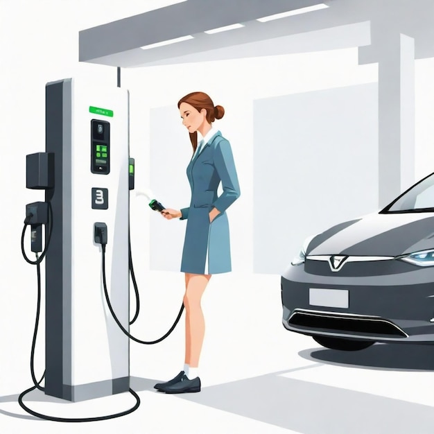 Vector electric car driver charging at a station cartoon vector set white background isolated