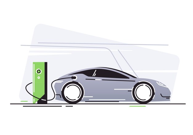 Vector electric car at vehicle charging station.