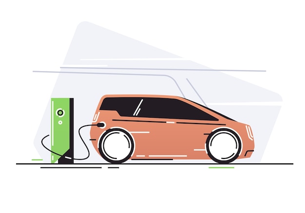 Vector electric car at vehicle charging station.