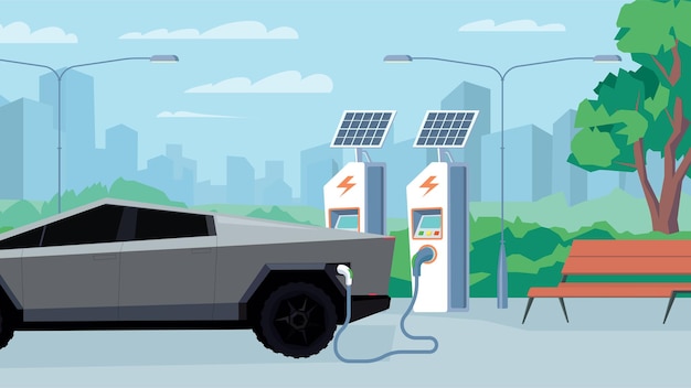 Vector electric refueling station view, banner in flat cartoon design. electric car charging on station with solar panels. urban infrastructure, transportation concept. vector illustration of web background