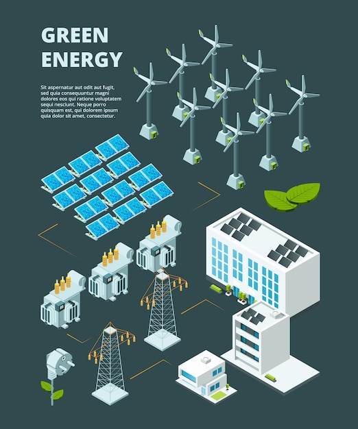 Vector electrical green power station. electric powerhouse energy grid distribution industrial city isometric 3d concept