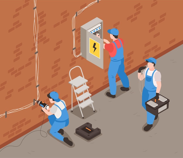 Vector electrician isometric background with equipment uniform and job symbols illustration