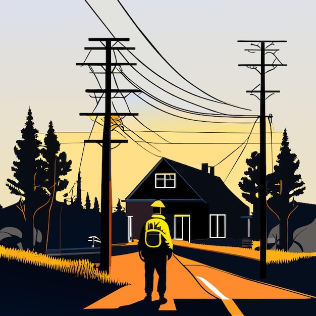 an electrician stands under a power pole next to a house on the road vector illustration