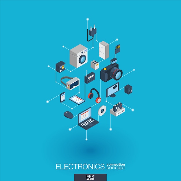 Vector electronics integrated  web icons. digital network isometric interact concept. connected graphic  dot and line system. abstract background for technology, household gadgets.  infograph