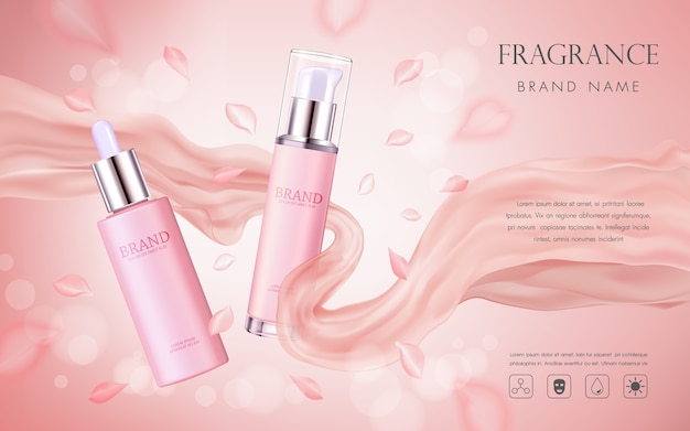 Elegant cosmetic advertising with pink floral petals and silk texture