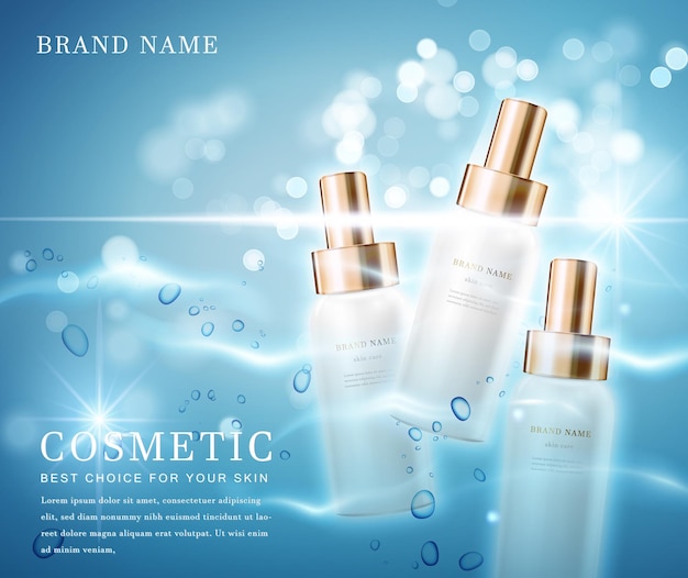 Vector  elegant cosmetic bottle container with shiny water glimmering background template banner.