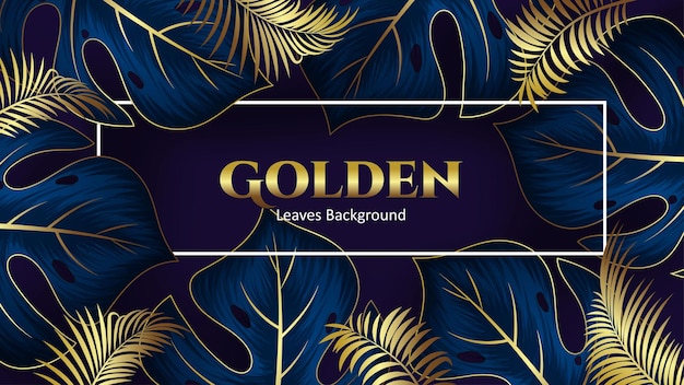 Elegant golden and blue tropical palm and monstera leaves floral background