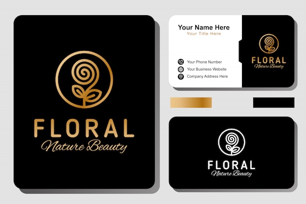 Elegant luxury floral nature beauty spa logo. golden flower or rose logo with business card design template