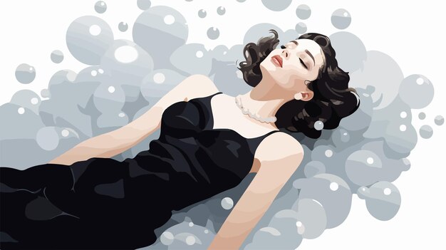 Vector elegant pretty girl in black dress with white pearls