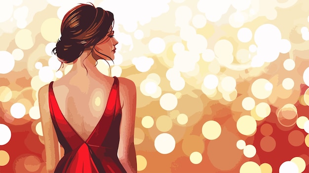 Vector elegant rear view of woman in red dress against bokeh background