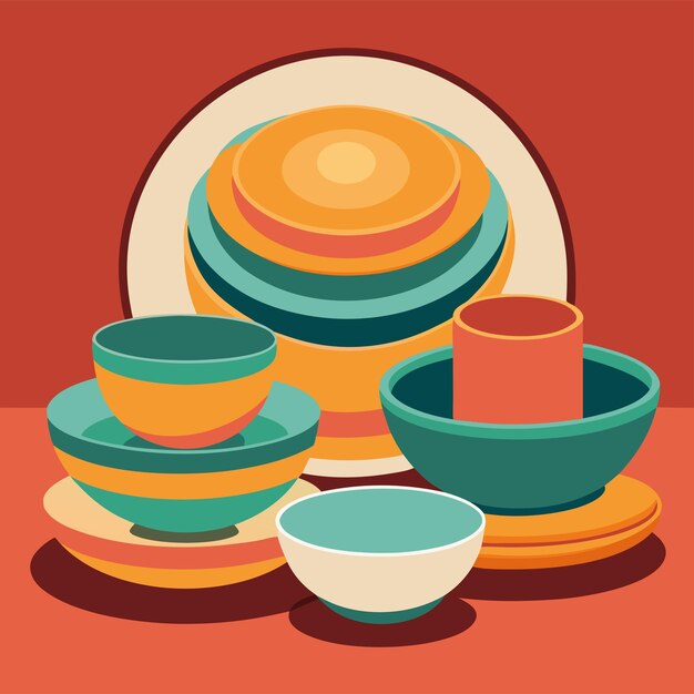 Vector elegant vector illustration of bowls and plates with simple designs ideal for table settings