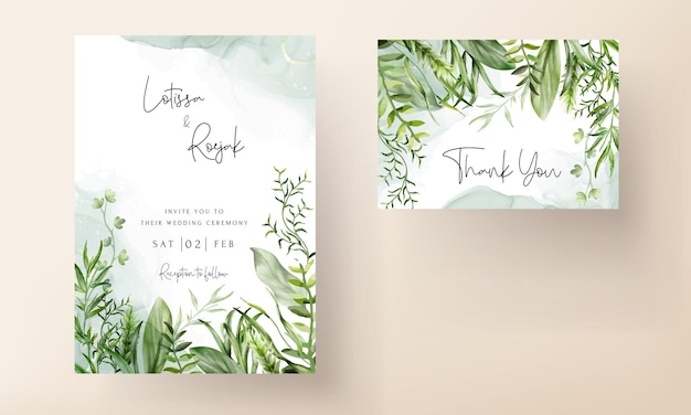 elegant watercolor greenery grass and leaves wedding invitation card set template