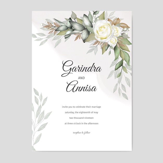 Elegant watercolor wedding invitation card template design with roses and leaves