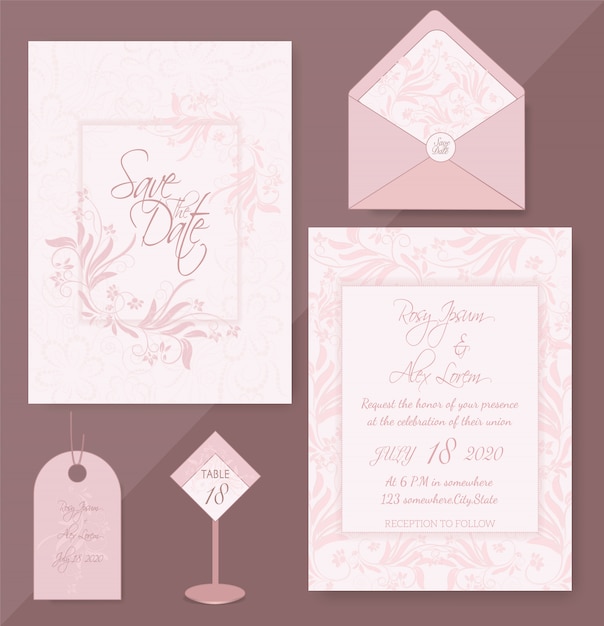 Vector elegant wedding cards consist of various kinds of flowers.