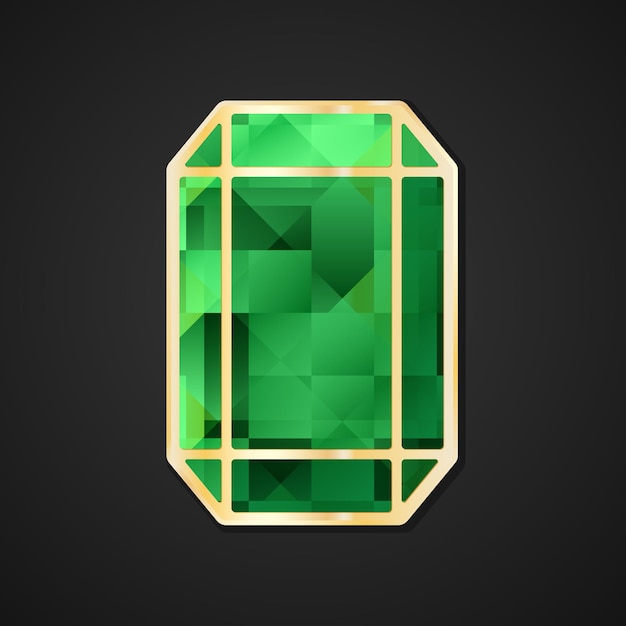 Vector emerald flat illustration stylized green faceted crystal in a gold frame