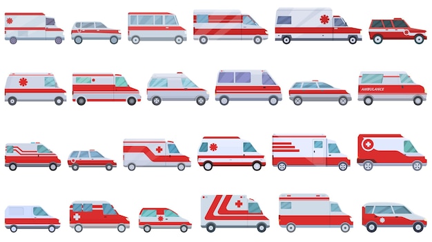 Emergency vehicles icons set cartoon vector Ambulance transport