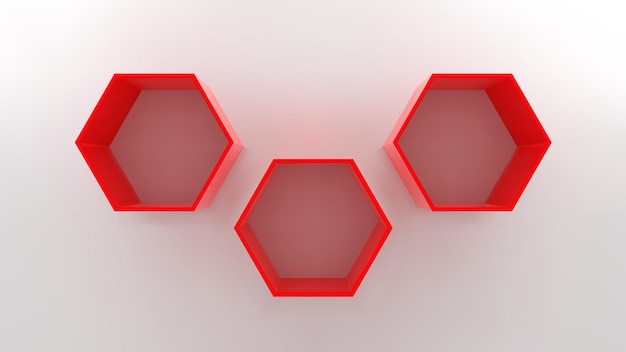 Empty red hexagon shelves on white wall 3D mockup