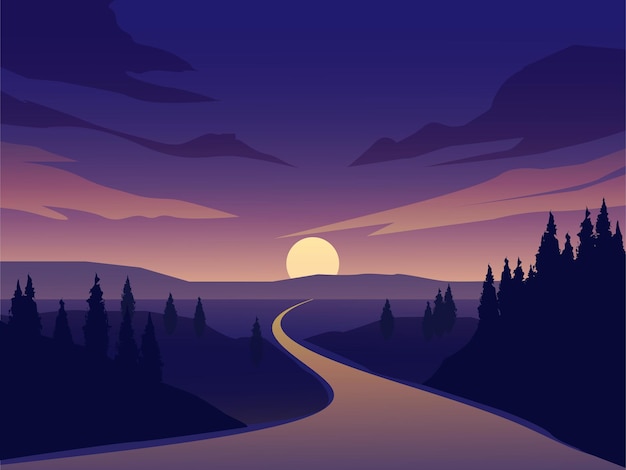 Vector empty road sunset landscape with forest