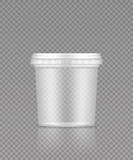 Empty transparent bucket with cap mockup ice cream, yoghurt, mayonnaise, paint, or putty