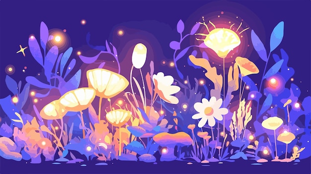 Vector enchanted fairy garden with glowing flowers at night