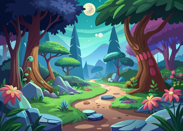 Vector enchanted forest cartoon landscape vector illustration