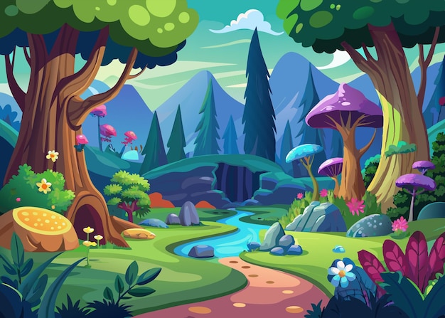 Vector enchanted forest cartoon landscape vector illustration