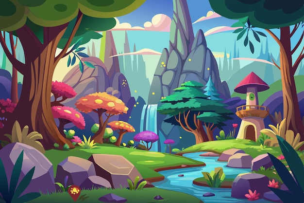 Vector enchanted forest cartoon landscape vector illustration