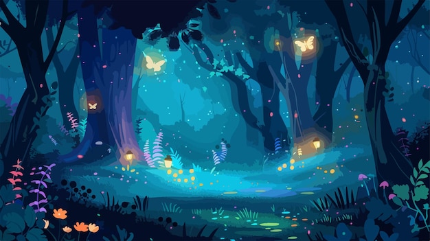 Vector enchanted forest glade with glowing fireflies