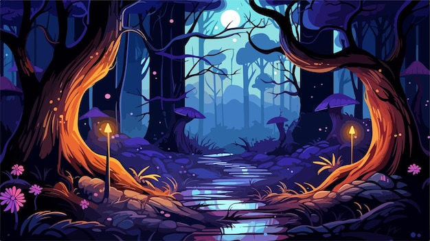 Vector enchanting night forest fairy tale scene