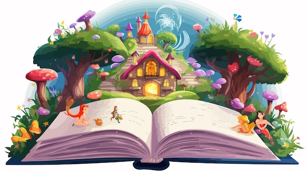 Vector enchanting open fairy tale book with cartoon fairy tales