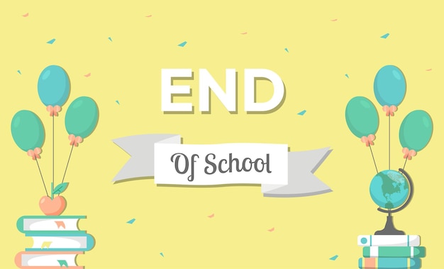 Vector end of school colorful background with decorations and confetti