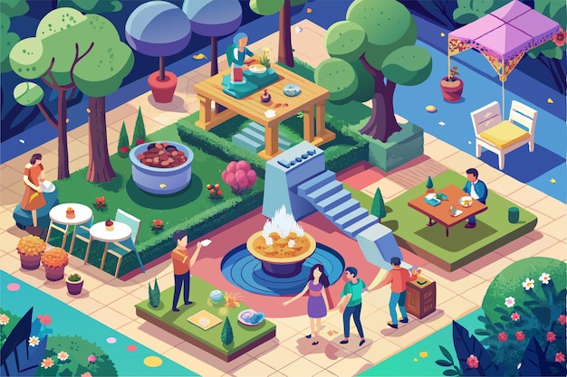 Vector enjoy a vibrant garden party with dining areas a fountain and guests socializing amid lush greenery customizable garden party illustration in isometric style