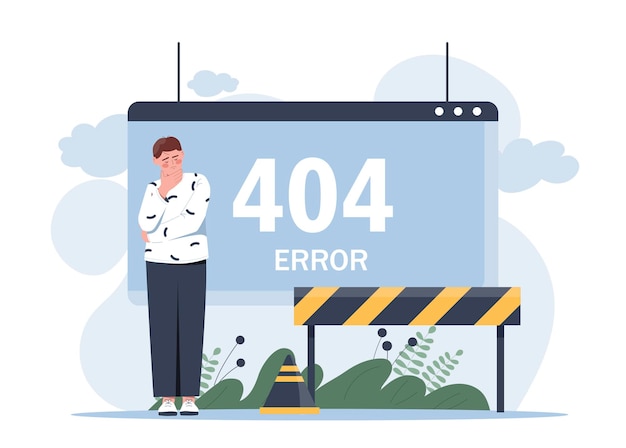 Vector error concept young man stands next to digital website page fence and cone no connection or