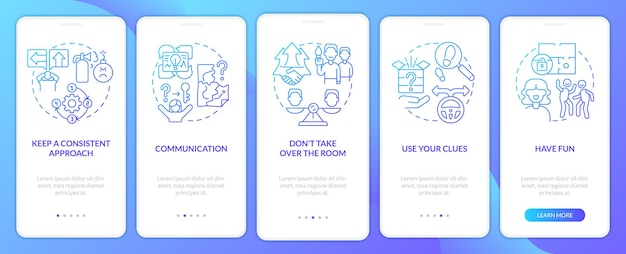 Escape room action plan blue gradient onboarding mobile app screen Walkthrough 5 steps graphic instructions pages with linear concepts UI UX GUI template Myriad ProBold Regular fonts used