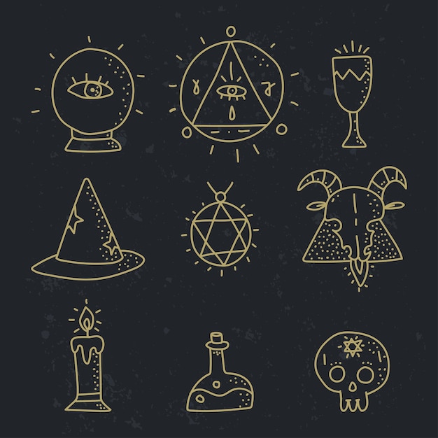 Vector esoteric doodle elements vector set isolated on a black background.