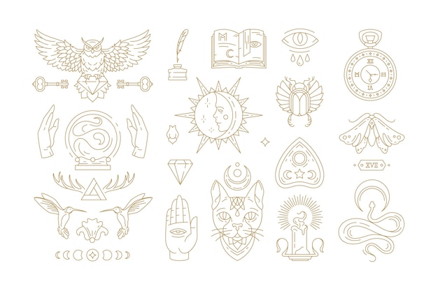 Vector esoteric and mystic linear symbols set illustrations