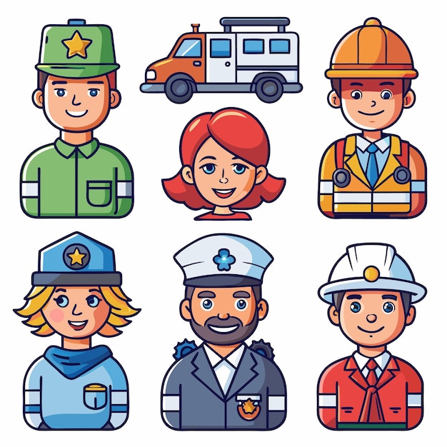 Vector essential worker icons doctors police firefighters and construction workers