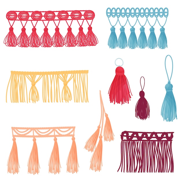 Et of images of decorative tassels of different colors and shapes.  illustration on white background.