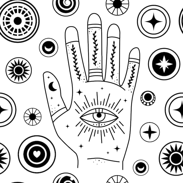 Evil eyes around mystic hand seamless pattern Geometric various talismans protection Flat design monochrome design