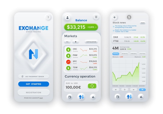 Exchange or stock trade market app neumorphic interface Forex stock vector mobile layout template Money exchange and stock trade rates with diagrams and charts for mobile application