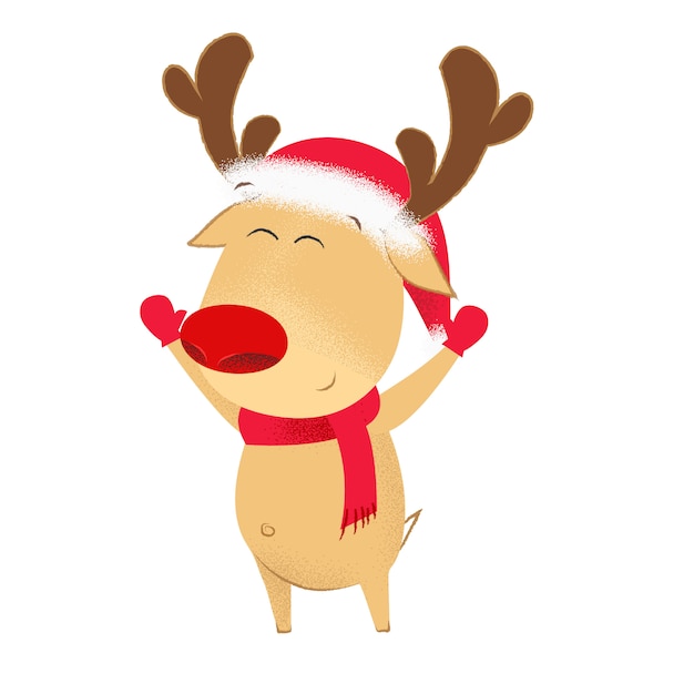 Excited cartoon deer in Santa hat and scarf waving hands