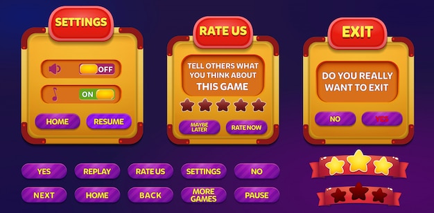 Exit, Rate us and Settings menu pop up screen with stars and button