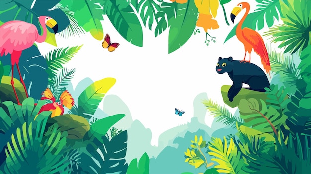 Vector exotic jungle animals poster with vibrant nature scene