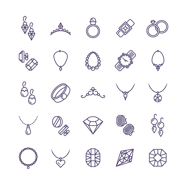 Vector expensive gold jewelry with diamond line icons and wedding accessories symbols