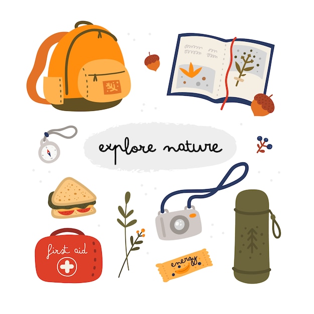 Explore nature collection. Tourist equipment in flat style